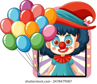 A cheerful clown holding colorful balloons