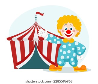 Fröhlicher Clown lädt zum Zirkus ein. Cute Clown und Zirkus große Spitze. Farbige Cartoon-Illustration, Vektorgrafik