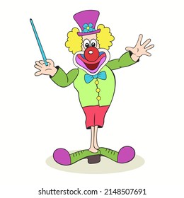 cheerful clown juggles with a magic stick, drawing, cartoon, on a white background