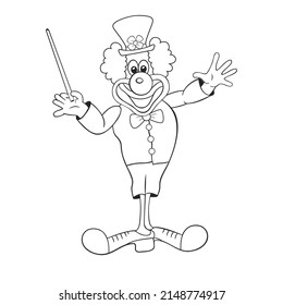 cheerful clown juggles with a magic stick,  cartoon, contour, drawing, on isolated background