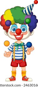 A cheerful clown juggling colorful balls