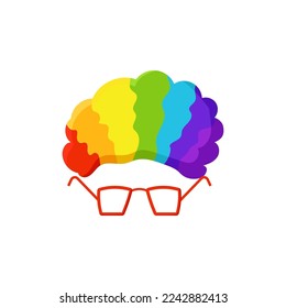 Alegre plantilla de máscara de payaso. Accesorio festivo de rendimiento con peluca arco iris y gafas rojas para fiestas vectoriales humorísticas