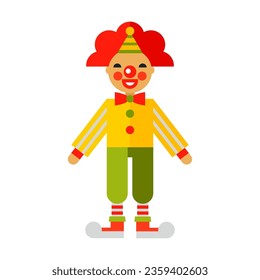 Cheerful clown performing flat vector icon. Circus performer dressed in bright clothes, funny shoes and red wig isolated on white background. Activities and professions, entertainment concept