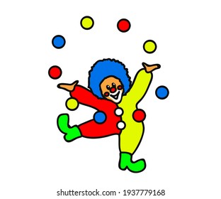 Cheerful clown plays with colorful balls on a white background. Cartoon. Vector illustration.