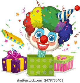 Cheerful clown popping out of gift box