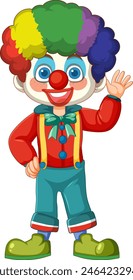 Cheerful clown with rainbow hair waving happily