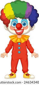 Cheerful clown with rainbow wig and red outfit