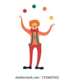 Cheerful clown stand juggling color ball, character male jester isolated on white, flat vector illustration. Circus performance show. 
