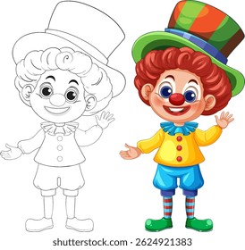 Cheerful clown in vibrant colors next to a black-and-white outline. Detailed, playful design perfect for children's media
