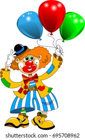 Cheerful clown with a yellow jacket, stripped blue pants and yellow shoes walking with three balloons on a white background, vector illustration
