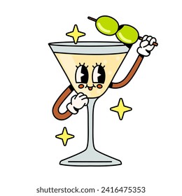 Cheerful cocktail character with olives on a skewer. Cartoon groovy style.