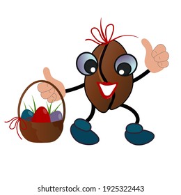 Alegre frijol de café sosteniendo una cesta de huevos de Pascua. Ilustración vectorial aislada al estilo de las caricaturas. Dibujar para una postal sobre un fondo blanco.