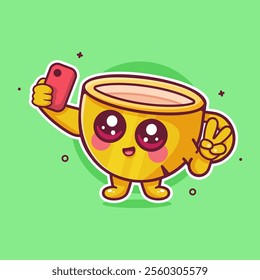 cheerful coffee cup character mascot taking a selfie with a smartphone isolated cartoon 