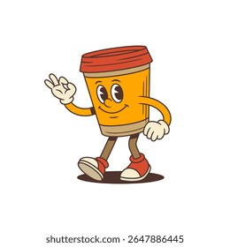 Personagem de xícara de café alegre com uma tampa vermelha em estilo de desenho animado retrô mostrando um sinal de OK. Adequado para promoção de marca, publicidade, design de logotipo e promoção de mídias sociais. Ilustração vetorial