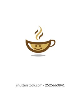 A cheerful coffee cup logo, featuring a smiling face on the cup and steam rising from it