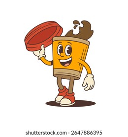Um personagem alegre mascote para xícara de café com braços e pernas brinca com sua tampa em um gesto acolhedor. Perfeito para cafeterias, cafés e marcas de bebidas. Ilustração vetorial