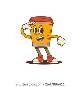 Um personagem alegre mascote de xícara de café com braços e pernas saúda com um gesto amigável. Ideal para logotipos, anúncios e materiais promocionais. Ilustração vetorial