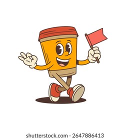 Um mascote alegre da xícara de café agita alegremente uma bandeira. Ideal para cafeterias, cafés e marcas de bebidas. Perfeito para logotipos, anúncios e materiais promocionais. Ilustração vetorial