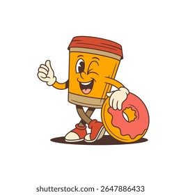 Mascote alegre da xícara de café com tampa vermelha piscando e apoiando-se em rosquinha rosa enquanto dá polegares para cima. Ideal para marca de café, publicidade e design de menu. Ilustração vetorial