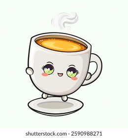 Cheerful Coffee Cup. Playful Mug with Steaming Beverage