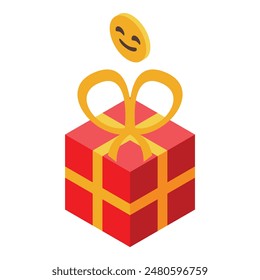 Cheerful coin cartoon character popping out of a red and gold gift box