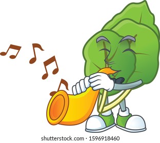 Cheerful collard greens cartoon character performance with trumpet