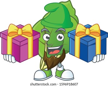 Cheerful collard greens cartoon design with Christmas gift boxes