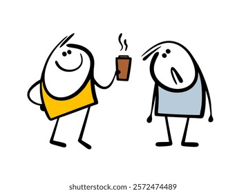 Cheerful colleague treats you to hot coffee. Vector illustration of a couple of funny people, depression and loss of strength in a friend. Cartoon characters and hot drink  on white background.