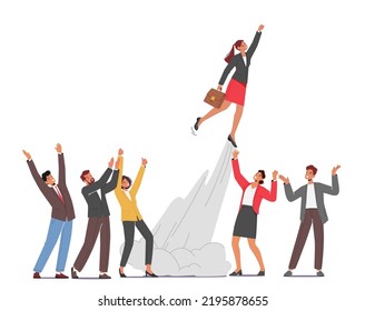 Cheerful Colleagues Rejoice See Off Cool Businesswoman Take Off like a Rocket in Sky with Raised Hand. Great Start Up Launch, Career Boost, Office Worker Business Growth. Cartoon Vector Illustration