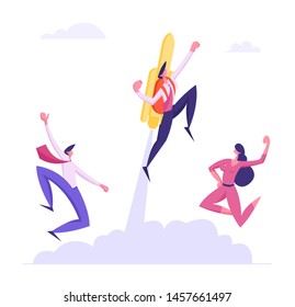 Cheerful Colleagues See Off Cool Businessman Flying Off With Jet Pack. Great Start, Career Boost Or Fast Business Growth With Male Office Worker With Rocket On Back. Cartoon Flat Vector Illustration