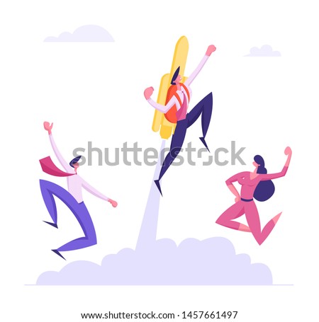 Cheerful Colleagues See Off Cool Businessman Flying Off with Jet Pack. Great Start, Career Boost or Fast Business Growth with Male Office Worker with Rocket on Back. Cartoon Flat Vector Illustration