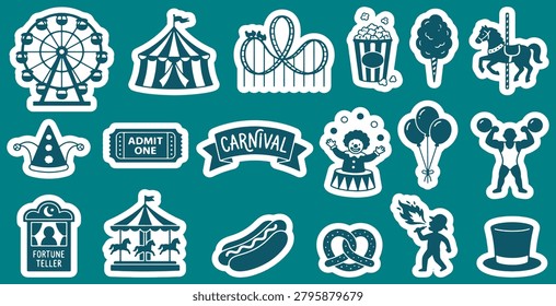 A cheerful collection of carnival and circus themed stickers, featuring iconic attractions, delicious treats, and lively entertainers, perfect for a fun fair or amusement park.