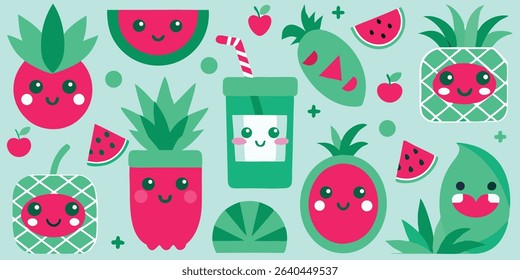A cheerful collection of cartoon fruits and drinks, featuring watermelon, pineapple, strawberries, and a smoothie, all with expressive faces and vibrant colors.