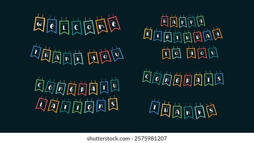 A cheerful collection of colorful bunting flags with festive messages like Welcome, "Happy Birthday," "Thank You, and "Congratulations.