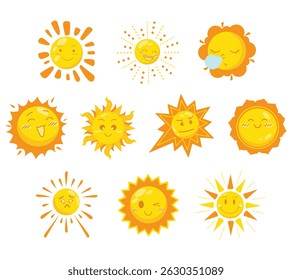 A cheerful collection of cute sun illustrations in various expressions and styles. Perfect for children books, weather graphics, and playful summer themed projects
