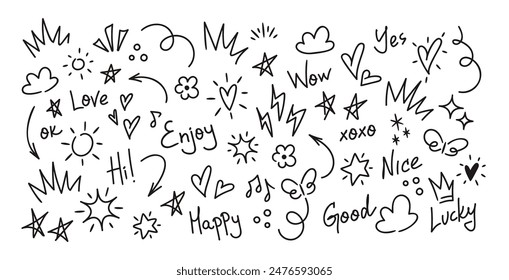 Cheerful Collection Of Doodles Featuring Positive Words And Symbols. Includes Hearts, Stars, Suns, Clouds, And Words