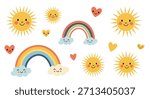 Cheerful collection featuring adorable smiling suns, vibrant rainbows with happy clouds, and cute hearts, isolated on white.