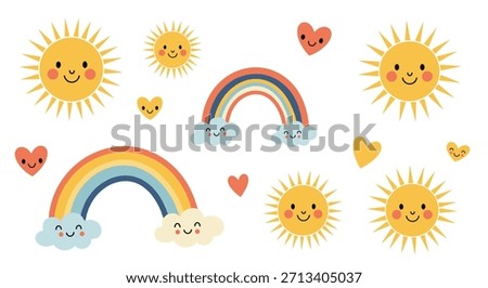 Cheerful collection featuring adorable smiling suns, vibrant rainbows with happy clouds, and cute hearts, isolated on white.