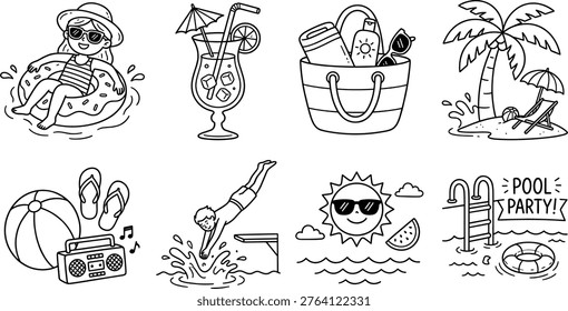 A cheerful collection of hand drawn doodle icons capturing the essence of summer vacation and pool parties. This black and white line art set features diverse elements like a girl relaxing on a float, a tropical cocktail, a beach bag with essentials, a scenic beach with palm tree, poolside items, a diving person, a smiling sun with watermelon, and a Pool Party banner. Perfect for lively marketing campaigns, website banners, social media posts, invitations, and children's books, conveying a mood of fun, relaxation, and holiday excitement. Ideal for branding and digital design projects.