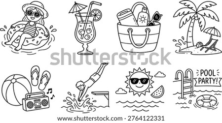 A cheerful collection of hand drawn doodle icons capturing the essence of summer vacation and pool parties. This black and white line art set features diverse elements like a girl relaxing on a float, a tropical cocktail, a beach bag with essentials, a scenic beach with palm tree, poolside items, a diving person, a smiling sun with watermelon, and a Pool Party banner. Perfect for lively marketing campaigns, website banners, social media posts, invitations, and children's books, conveying a mood of fun, relaxation, and holiday excitement. Ideal for branding and digital design projects.