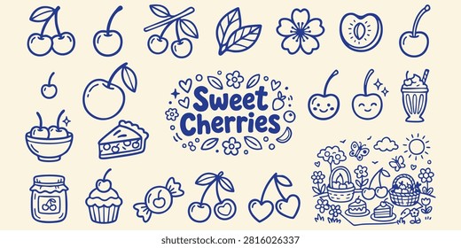 A cheerful collection of simple cherry illustrations perfect for food packaging recipe cards or summer-themed marketing campaigns.