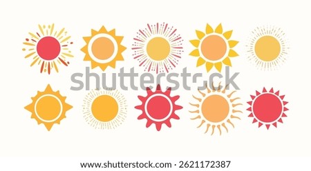 A cheerful collection of ten stylized sun icons in flat design, featuring different shapes of sun rays and centers. Each sun element is brightly colored in red, orange, and yellow tones