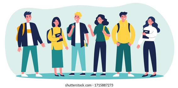 Cheerful College Students With Books And Backpacks Standing Together. Teen Girls And Guys Meeting And Talking. Vector Illustration For Communication, Studying, School Friends, Youth, Teenagers Concept