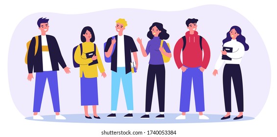 Cheerful college students with books and backpacks standing together. Teen girls and guys meeting and talking. Vector illustration for communication, studying, school friends, youth, teenagers concept