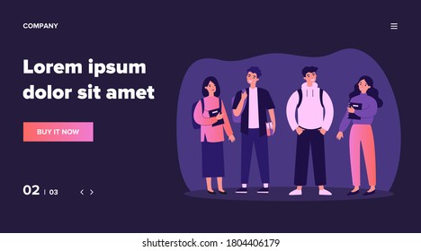 Cheerful college students with books and backpacks standing together. Teen girls and guys meeting and talking. Vector illustration for communication, studying, school friends, youth, teenagers concept