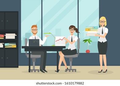 Cheerful Collegues Working in Office, People at Business Meeting Vector illustration