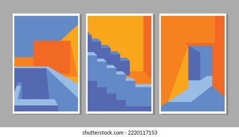 Cheerful color palette of blue and orange architecture geometric background. Modern abstract covers set. Minimalist and modern cover design. 