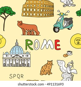 Cheerful color pattern set of Rome symbols. sant angelo, basilica, romul, Wolf, bocca della verita, scooter, cat, croissant, cappuccino, pine tree