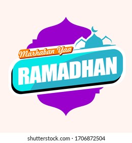 Cheerful color of Ramadhan greeting card with simple typography and silhouette of mosque as background