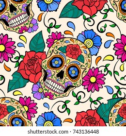 Cheerful colored background with sugar skulls and roses. Day of the dead. Seamless vector pattern.